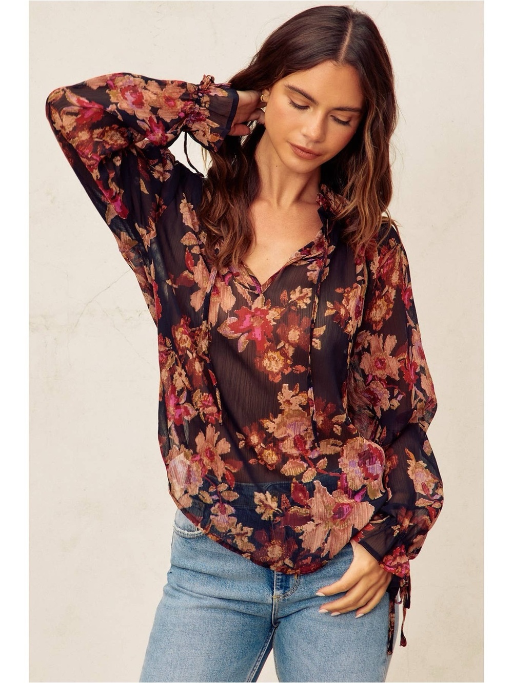 Dress Forum Black Sheer Floral Tie-Cuff Blouse